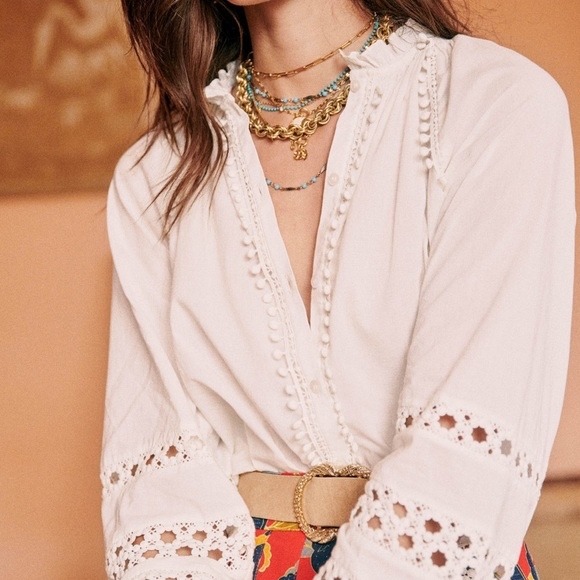 Sezane Beatriz Blouse White Size 36 French Us 4 Organic Cotton Crochet Lace Boho